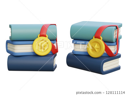 Books stacked with a gold medal for academic achievement 3D graphic 128111114
