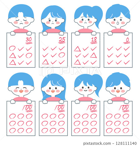 Illustration of a child who is happy and disappointed with their test results 128111140