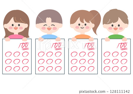Illustration of happy children holding a test with a perfect score of 100 Illustration of happy children holding a test with a perfect score of 100 128111142