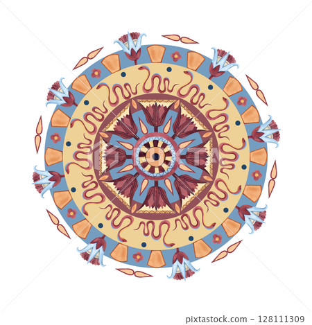 Ancient arabesque. Egyptian round ornament, border. Geometric repeat patterns with snake, lotus. Watercolor isolated illustration in yellow, blue, red colors. Ancient culture concept Arabic, Persian Ancient arabesque. Egyptian round ornament, border. Geometric repeat patterns with snake, lotus. Watercolor isolated illustration in yellow, blue, red colors. Ancient culture concept Arabic, Persian 128111309