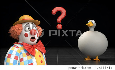 Childlike Clown in Oversized Costume Stares at Glowing Question Mark in Empty Gray Room with Surreal Lighting 128111315