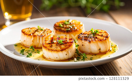 Sautéed scallops in butter, grilled to perfection Sautéed scallops in butter, grilled to perfection 128111329