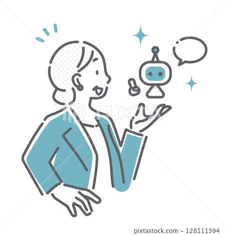 簡單而時尚的線條畫,描繪了一位中年商務人士使用人工智慧進行工作 簡單而時尚的線條畫,描繪了一位中年商務人士使用人工智慧進行工作 128111394