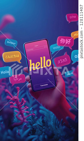 Hand holding mobile phone displaying word hello surrounded by speech bubbles with greetings various languages, set vibrant, colorful environment 128111407