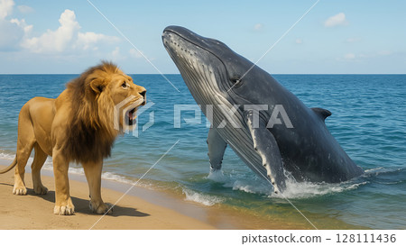 獅子被鯨魚拒絕後發出咆哮的那一刻 128111436