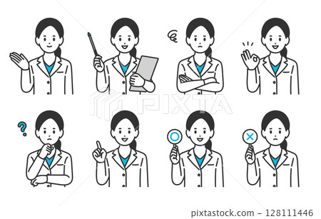 一組表情和姿勢各異的女醫生[人物向量插圖素材] 128111446