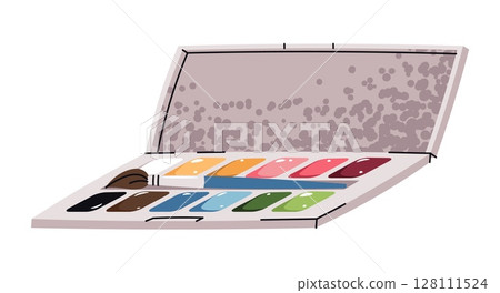 Watercolor Paint Set in Box in Flat Design on White Background. Artist Supplies for Painting Tutorials, Creative Projects, and Art Studio Branding. Perfect for Packaging Design, Social Media 128111524