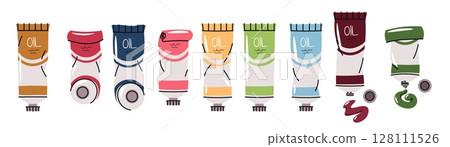 Oil Paint Tubes Set. Flat Design on White Background. Artist Supplies Collection for Painting Tutorials, Creative Projects, and Art Studio. Ideal for Art Websites, Social Media, and Education 128111526