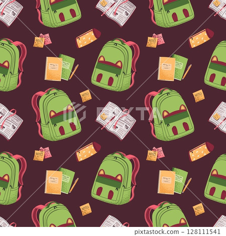 Seamless pattern with kids green backpack, textbooks, pencil case. School supplies design for children's textiles, educational materials, classroom decor. Ideal for back to school and school branding 128111541