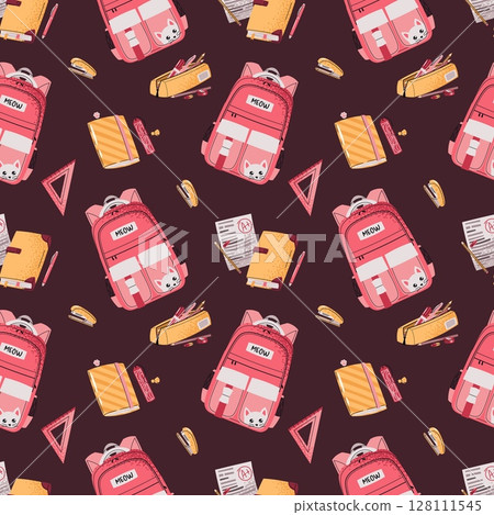Seamless Pattern with Pink Girls Backpack, Notebook and Pencil Case. Background for Children's Textiles, Wallpaper, wrapping paper and Stationery Packaging. Perfect for Back to School Campaign 128111545