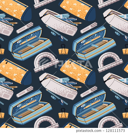 Seamless Pattern with Pencil Cases, Pens, Protractor and Markers. School and Office Supplies Design for Textile Printing, Wallpaper, Wrapping Paper and Stationery. Back to School Collections 128111573