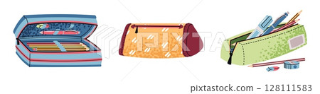 Kids Pencil Cases Set in Flat Style on White Background. Colorful School Supplies Collection for Boys and Girls. Perfect for Back to School Campaigns, Children's Stationery, and Classroom Organization 128111583