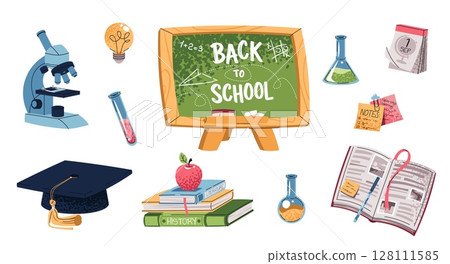 School Supplies Set in Flat Design. Chalkboard, Textbooks, Microscope, Graduation Cap. Education set for Science Projects, Graduation Themes. Ideal for University Branding, Educational Content 128111585