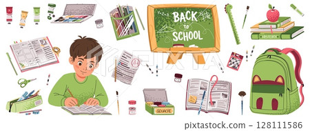 Back to School Set with Student, Notebooks, Books, Stationery and Backpack. Flat Design for Educational Materials, Classroom Decor, Student Planners and School Branding.School Supplies Back to School Set with Student, Notebooks, Books, Stationery and Backpack. Flat Design for Educational Materials, Classroom Decor, Student Planners and School Branding.School Supplies 128111586