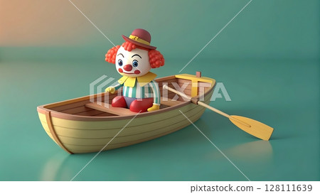 A clown in a hat sitting in a small boat with an oar on a blue background in a studio setting scene 128111639