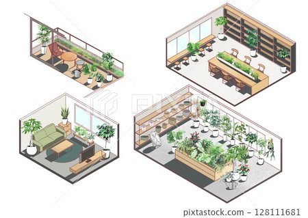 室內植物和室內裝飾的等距插圖集 128111681