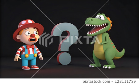 A cartoon clown looking scared next to a question mark and a cartoon dinosaur on a black background 128111759