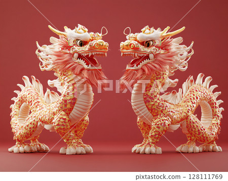 Two Beautiful Golden and Red Chinese Dragon on red background. AI Generated. Two Beautiful Golden and Red Chinese Dragon on red background. AI Generated. 128111769