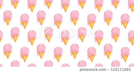 Seamless ice cream cone pattern with pink scoops 128111893