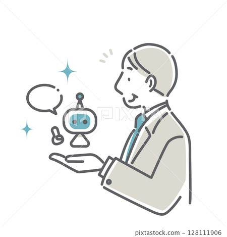 簡單而時尚的線條畫,描繪了一位中年商務人士使用人工智慧進行工作 簡單而時尚的線條畫,描繪了一位中年商務人士使用人工智慧進行工作 128111906