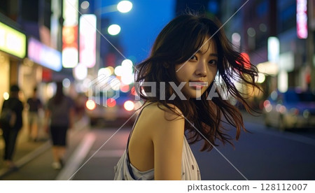 Woman walking downtown at night 128112007