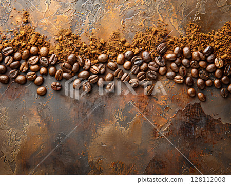 Coffee beans on dark background with copy space. AI Generated. 128112008