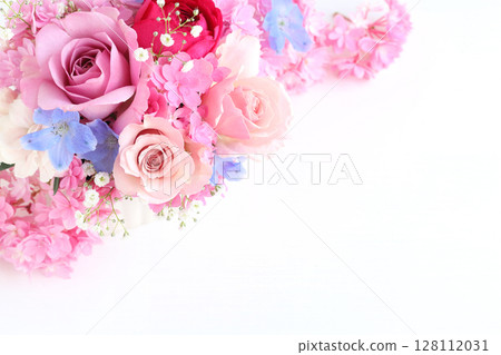 Rose and delphinium arrangement 128112031