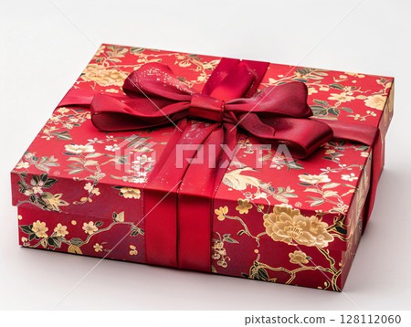 Red gift box with fortune cookies and Chinese symbols. New Year banner Concept. AI Generated. 128112060
