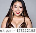 A woman wearing a leopard print dress 128112108
