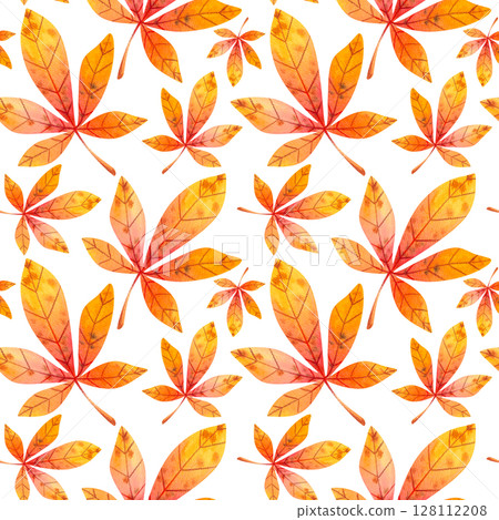 Seamless pattern with watercolor autumn leaves on a white background. Hand drawn illustration for your design, print, textile	 128112208