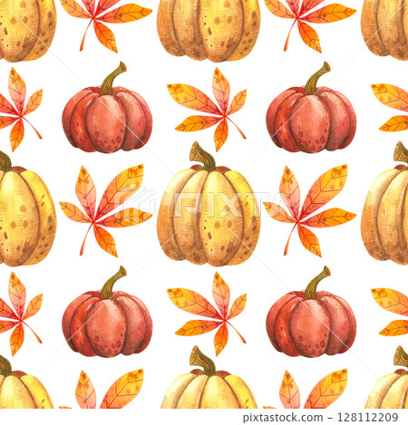 Autumn seamless pattern with orange leaves and autumn pumpkins. Hand drawn watercolor illustration of vegetables and plants on white background. For decoration of children illustration, print, textile 128112209