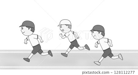 男孩在校園裡奔跑的單色插圖 128112277