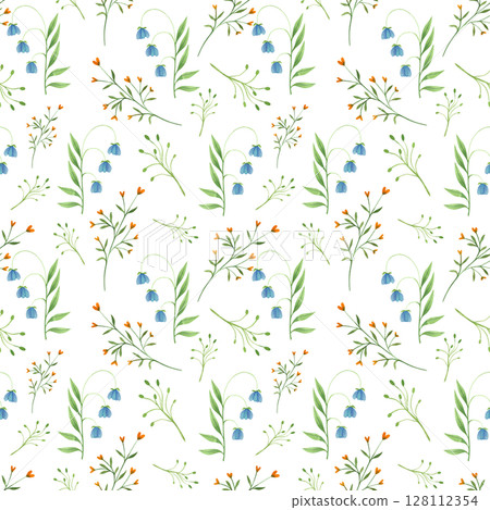 Seamless pattern. Hand drawn floral watercolor illustrations on white background. Spring and summer set of colorful plants. Seamless pattern. Hand drawn floral watercolor illustrations on white background. Spring and summer set of colorful plants. 128112354