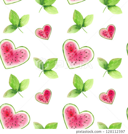 Watercolor illustration set, watermelon, leaves, seamless pattern. Hand drawn watermelon pieces and slices, wooden skewer for design, postcards, menu. 128112397