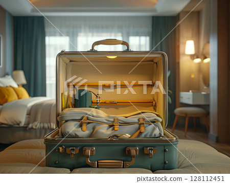 An opened travelling suitcase full of clothes. Travel concept. AI Generated. 128112451