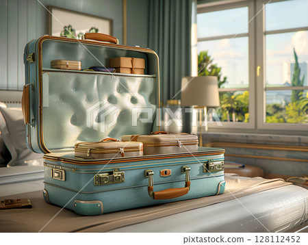 An opened travelling suitcase full of clothes. Travel concept. AI Generated. An opened travelling suitcase full of clothes. Travel concept. AI Generated. 128112452