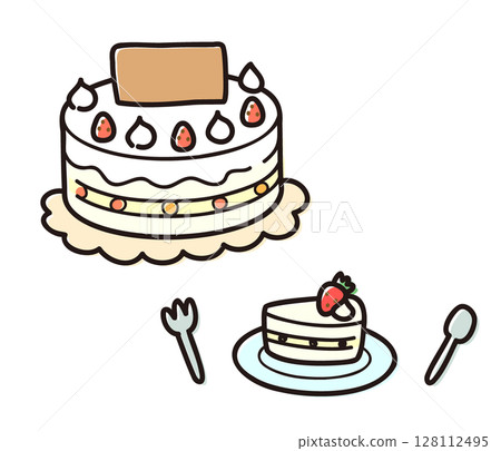 Set of whole cake and cut cake illustration / Illustration for birthday and sweets materials 128112495