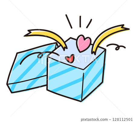 彩色插圖的心和絲帶從禮品盒中彈出/用於驚喜和慶祝 128112501