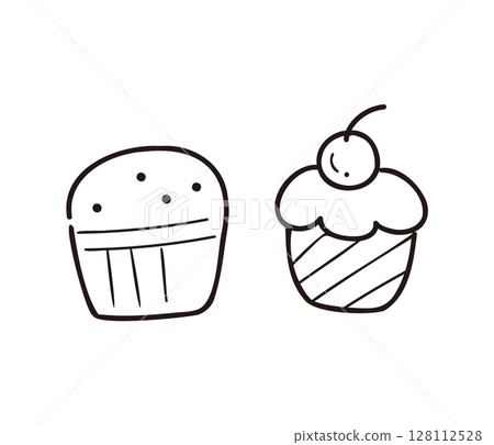 Illustration of a set of two cute cupcakes / Line drawing illustration for desserts, celebrations and menus 128112528
