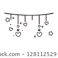 Scattered hearts hanging down line decoration / cute curtain-like design material line drawing illustration 128112529