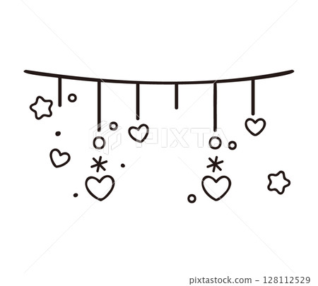 Scattered hearts hanging down line decoration / cute curtain-like design material line drawing illustration 128112529