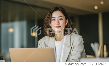 在辦公室工作的日本婦女 在辦公室工作的日本婦女 128112606