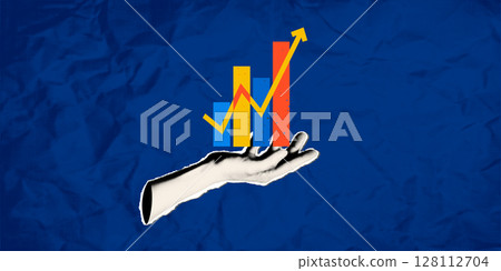 Trendy collage business gesture. Halftone hand holding raising arrow chart. Financial boost, marketing progress, data analytics, investment growth, statistics report. Modern retro vector illustration 128112704