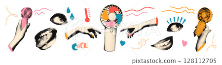 Trendy halftone art collage cut outs set. Paper clipping shapes, hands holding portable handheld fans stickers with vintage dot texture and doodles. Modern retro grunge mixed media vector illustration Trendy halftone art collage cut outs set. Paper clipping shapes, hands holding portable handheld fans stickers with vintage dot texture and doodles. Modern retro grunge mixed media vector illustration 128112705