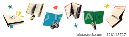 Halftone hands holding open books art collage cut outs set. Reading together, book exchange, crossing, swapping, education and study concept. Modern retro vector illustration for mixed media design 128112717