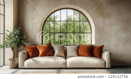 3d rendering interior design loft home of modern living room. beige sofa with terra cotta pillows against arched window with stucco wall in natural light contemporary style cozy ambiance 128112756