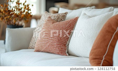 3d rendering white fabric sofa with red and white and terra cotta or cozy cushions pillows. French country home interior design of modern living room 3d rendering white fabric sofa with red and white and terra cotta or cozy cushions pillows. French country home interior design of modern living room 128112758