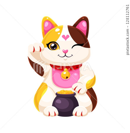 Japanese Maneki Neko lucky cat cartoon character of fortune and money, vector symbol. Japanese Maneki Neko cat or kitty kitten with waving paw, smile and gold coins pot for Japanese luck symbol 128112761
