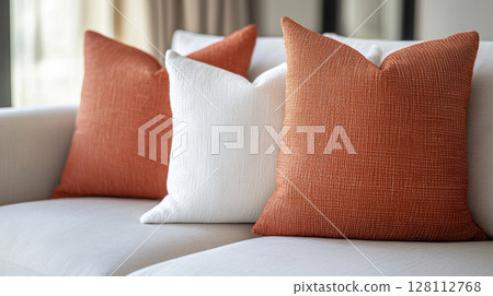 3d rendering close up interior design loft home of modern living room. Silk orange terra cotta pillows on white sofa in natural light contemporary style cozy ambiance 3d rendering close up interior design loft home of modern living room. Silk orange terra cotta pillows on white sofa in natural light contemporary style cozy ambiance 128112768