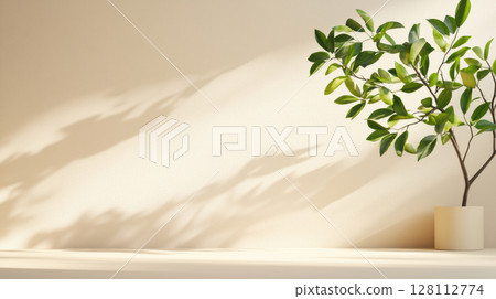 3d rendering beige pedestal natural minimalist room with white wall and tropical plant decorated in natural light contemporary style cosmetic advertising stage 128112774